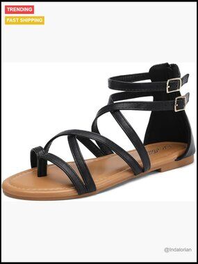 Women's Gladiator Sandals, Strappy Flat Sandals, Faux Leather